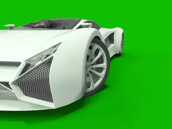 Fogalmi nagysebességű fehér sportkocsi. Zöld egységes hátteret. Tükröződés és puhább árnyékok. 3D-leképezés. — Stock Fotó