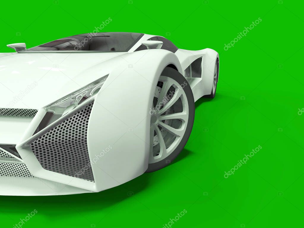 Conceptual high-speed white sports car. Green uniform background. Glare and softer shadows. 3d rendering.