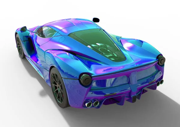 Sportwagen-Rückansicht. das Bild eines Sportwagens in violett-blauer Perle auf weißem Hintergrund. 3D-Illustration. — Stockfoto