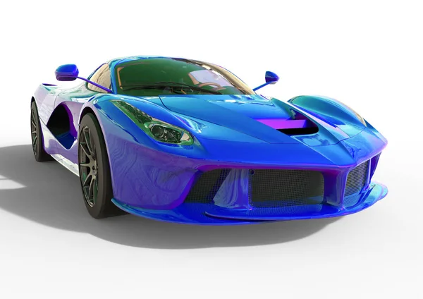 Vista frontal do carro desportivo. A imagem de um carro de pérola azul-violeta de esportes em um fundo branco. ilustração 3d . — Fotografia de Stock