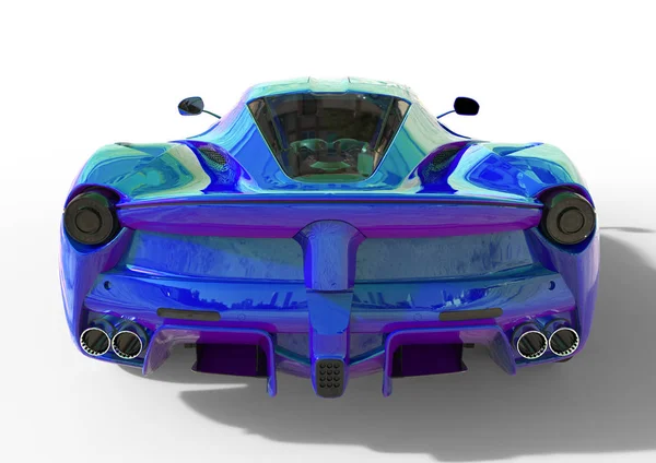 Вид сзади на спортивный автомобиль. Изображение спортивного фиолетово-синего жемчужного автомобиля на белом фоне. 3d иллюстрация . — стоковое фото