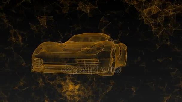 The conceptual sports car in the form of translucent hologram rotating in space with flying around polygons. — Stock Video