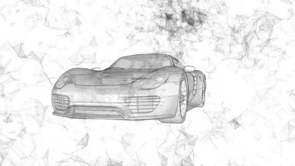 Концептуальный спортивный автомобиль в виде полупрозрачной голограммы, вращающейся в пространстве с полетом вокруг полигонов . — стоковое видео