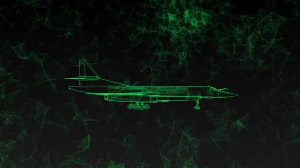Moderne militärische Kampfflugzeuge rotieren. Filmmaterial im ultra-technologischen Stil glühend grüner Linien, die um Polygone fliegen. — Stockvideo