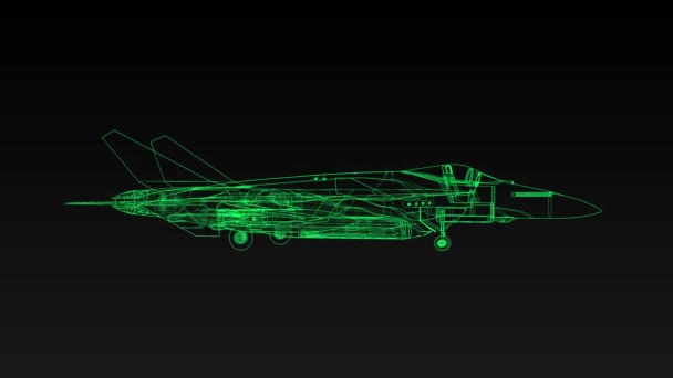 Сучасні військові бойові літаки обертаються. Кадри в ультра технологічному стилі світяться зелених ліній . — стокове відео