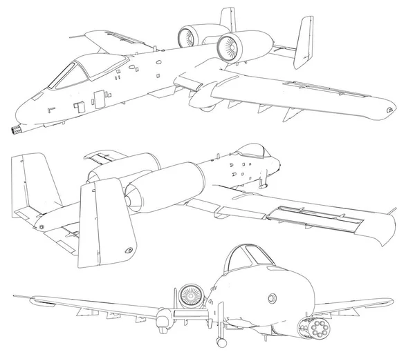 Ensemble de silhouettes de chasseurs à réaction militaires. Image de l'avion en contour dessinant des lignes — Image vectorielle