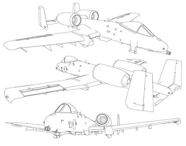 Set of military jet fighter silhouettes. Image of aircraft in contour drawing lines — Stock Vector