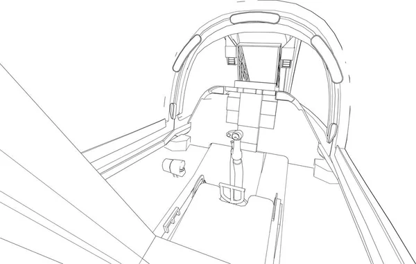 De cockpit van gevechtsvliegtuigen van binnenuit. Vectorillustratie in lijnen. — Stockvector