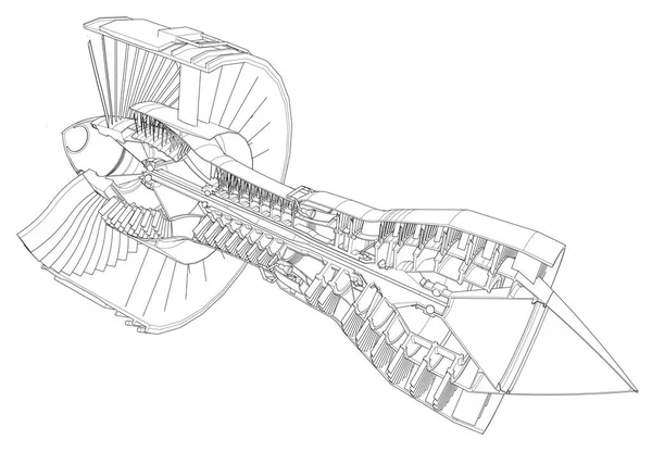 Turbo jetmotor flygplan. Vektor linje illustration. — Stock vektor