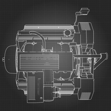 Güçlü V8 araba motoru. Motor ile beyaz çizgiler bir kafes içinde siyah bir kağıda çizilir