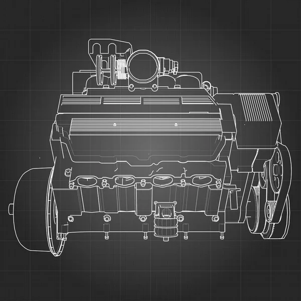 Мощный двигатель V8. Двигатель нарисован белыми линиями на черном листе в клетке — стоковый вектор