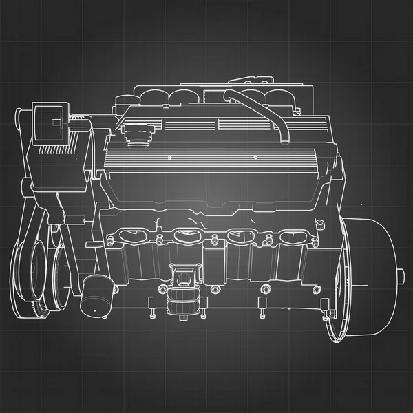 Kraftfull V8 bilmotor. Motorn dras med vita linjer på ett svart lakan i en bur — Stock vektor