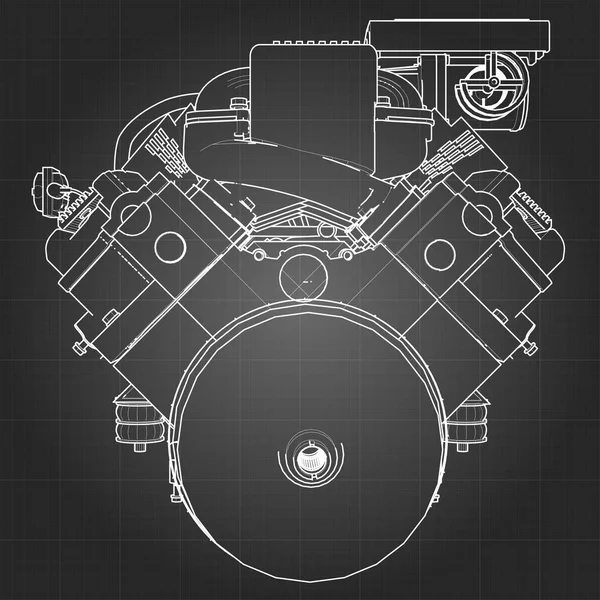 Potente motor de coche V8. El motor se dibuja con líneas blancas en una hoja negra en una jaula — Archivo Imágenes Vectoriales