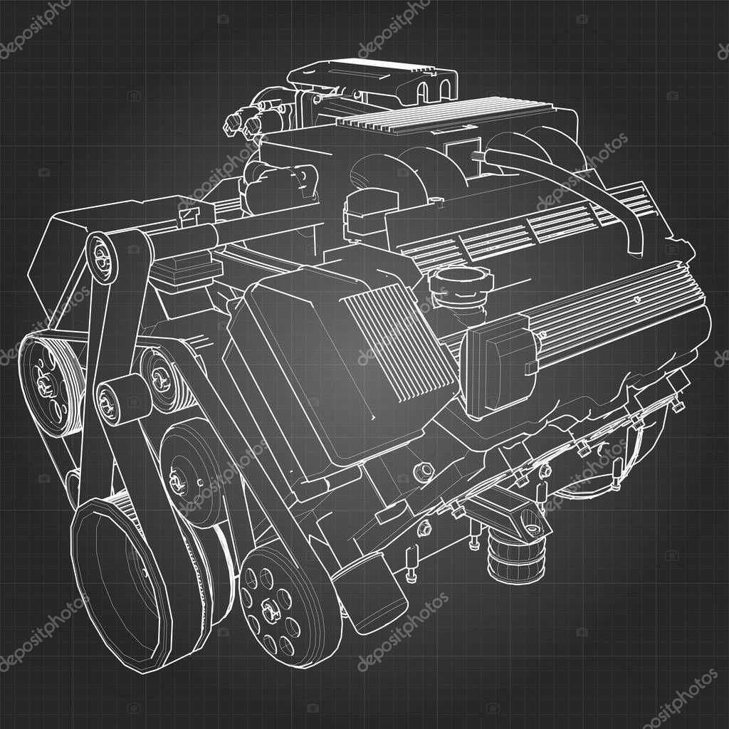 Powerful V8 car engine. The engine is drawn with white lines on a black sheet in a cage.