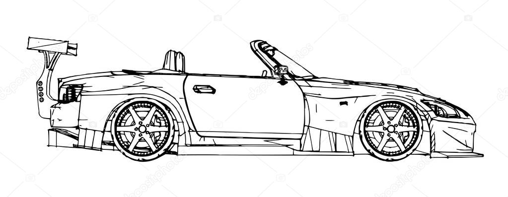Sports car. Stock Illustration in the style of hand-drawn linear graphics.