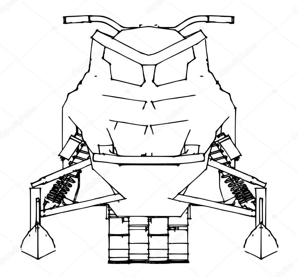 Snowmobile. Vector illustration in a hand-made style. Types of equipment from different sides
