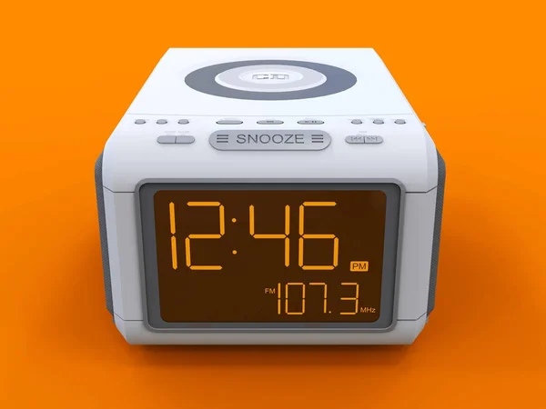 Radio clock-alarm clock on an orange background. 3d rendering. — Stock Photo, Image