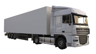 Bir yarı römork ile büyük beyaz kamyonet. Grafik yerleştirmek için şablon. 3D render.