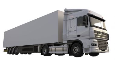 Bir yarı römork ile büyük beyaz kamyonet. Grafik yerleştirmek için şablon. 3D render.