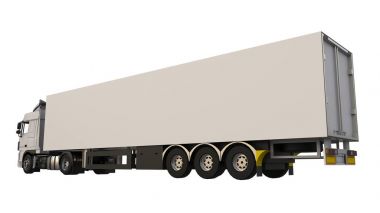 Bir yarı römork ile büyük beyaz kamyonet. Grafik yerleştirmek için şablon. 3D render.