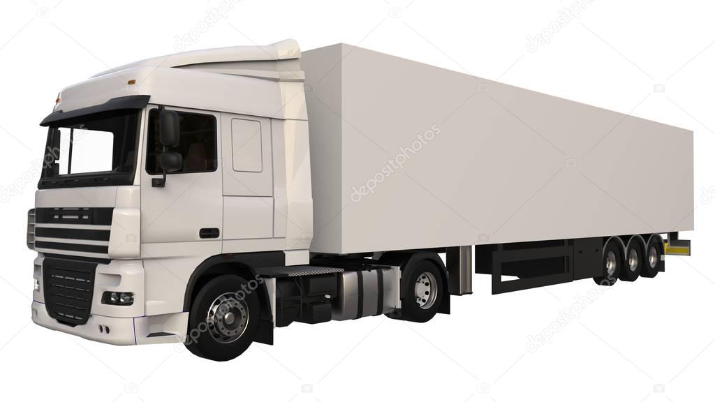 Large white truck with a semitrailer. Template for placing graphics. 3d rendering.