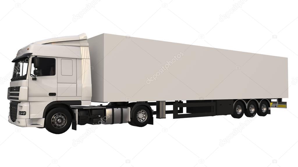 Large white truck with a semitrailer. Template for placing graphics. 3d rendering.