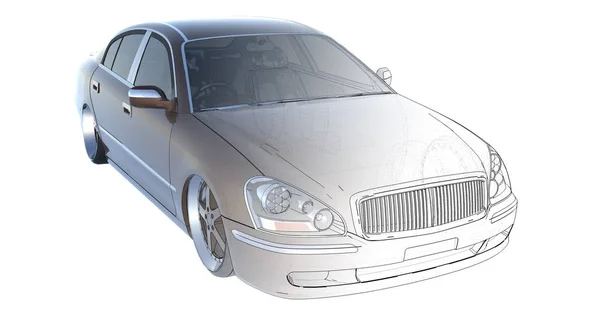 Braune Luxuslimousine, die sich mit der technischen Basis des Modells überschneidet. 3D-Darstellung. — Stockfoto