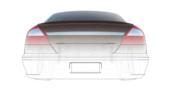 豪华的棕轿轿车, 呈现与技术基础相交叉的模型。3d 渲染. — 图库照片