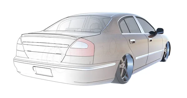 Carro sedan marrom de luxo, tornando a interseção com a base técnica do modelo. Renderização 3D . — Fotografia de Stock