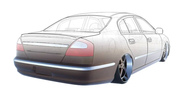 Luxury brown sedan car, rendering intersecting with the technical basis of the model. 3D rendering. — Stock Photo, Image