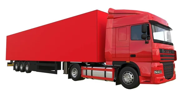 Großer roter LKW mit Sattelauflieger. Vorlage für die Platzierung von Grafiken. 3D-Darstellung. — Stockfoto