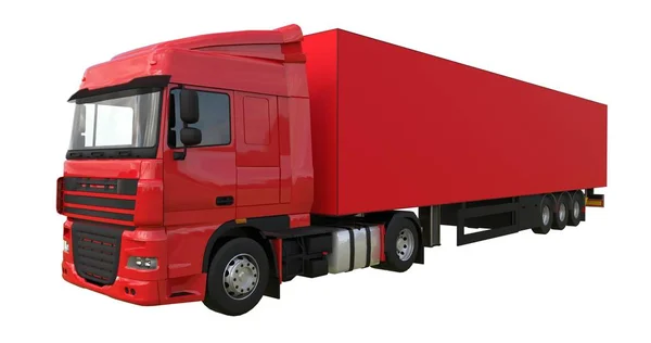Großer roter LKW mit Sattelauflieger. Vorlage für die Platzierung von Grafiken. 3D-Darstellung. — Stockfoto