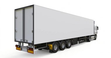 Bir yarı römork ile büyük beyaz kamyonet. Grafik yerleştirmek için şablon. 3D render.