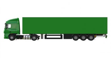 Bir yarı römork ile büyük yeşil kamyon. Grafik yerleştirmek için şablon. 3D render.