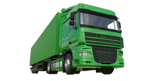 Stor grön lastbil med en semitrailer. Mall för placera grafik. 3D-rendering. — Stockfoto