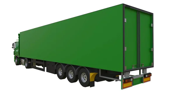 Большой зеленый грузовик с полуприцепом. Шаблон для размещения графики. 3d-рендеринг . — стоковое фото