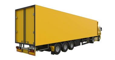 Bir yarı römork ile büyük sarı kamyon. Grafik yerleştirmek için şablon. 3D render.