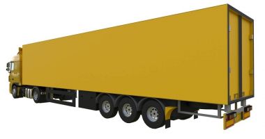 Bir yarı römork ile büyük sarı kamyon. Grafik yerleştirmek için şablon. 3D render.