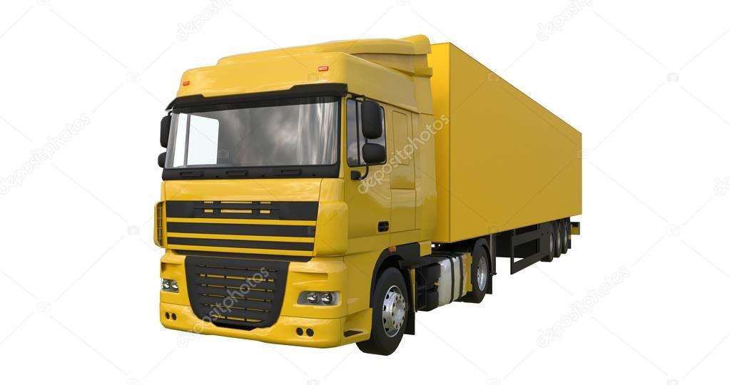 Large yellow truck with a semitrailer. Template for placing graphics. 3d rendering.