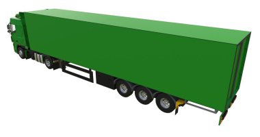 Bir yarı römork ile büyük yeşil kamyon. Grafik yerleştirmek için şablon. 3D render.