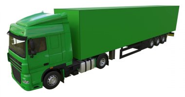 Bir yarı römork ile büyük yeşil kamyon. Grafik yerleştirmek için şablon. 3D render.