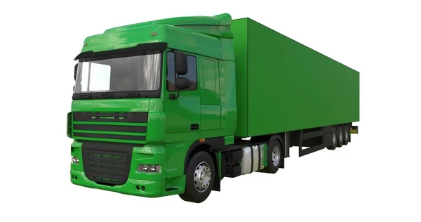 Großer grüner LKW mit Sattelanhänger. Vorlage für die Platzierung von Grafiken. 3D-Darstellung. — Stockfoto