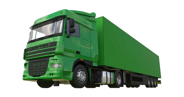 Grande caminhão verde com um semi-reboque. Modelo para colocar gráficos. Renderização 3d . — Fotografia de Stock