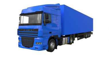 Büyük mavi bir yarı römork kamyon. Grafik yerleştirmek için şablon. 3D render.