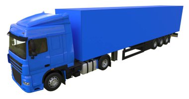 Büyük mavi bir yarı römork kamyon. Grafik yerleştirmek için şablon. 3D render.