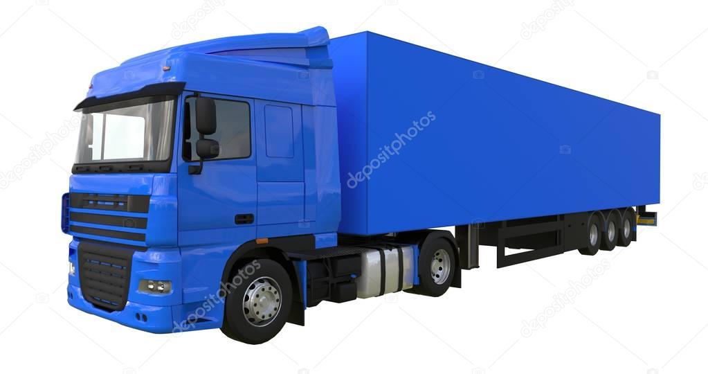Large blue truck with a semitrailer. Template for placing graphics. 3d rendering.