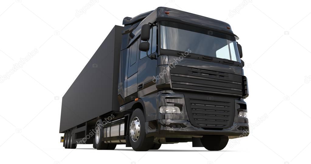 Large black truck with a semitrailer. Template for placing graphics. 3d rendering.