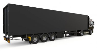 Bir yarı römork ile büyük siyah kamyon. Grafik yerleştirmek için şablon. 3D render.