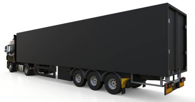 Bir yarı römork ile büyük siyah kamyon. Grafik yerleştirmek için şablon. 3D render.