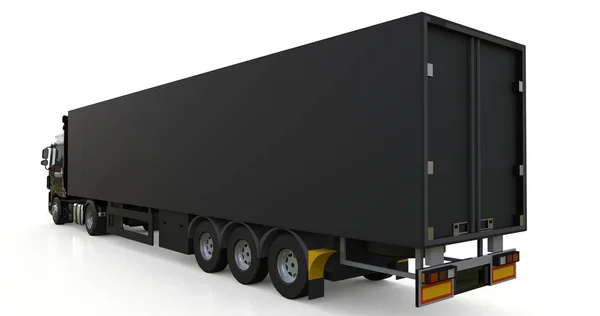 Nagy fekete teherautó egy félpótkocsi. Sablon forgalomba grafikák. 3D-leképezés. — Stock Fotó
